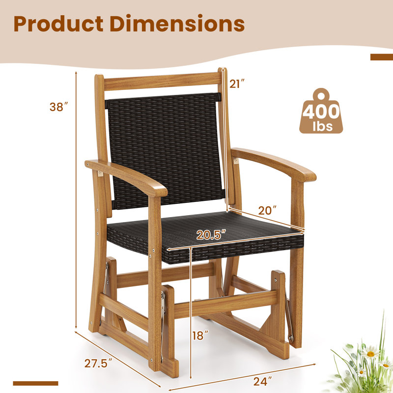 2 pièces Fauteuil oscillant en rotin de patio avec cadre en bois d'acacia et accoudoirs en osier