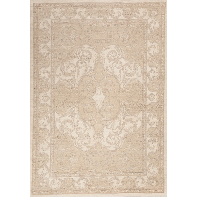 Tapis de zone en laine beige/brun 4 pi x 6 po à la main one-of-kind noué la
