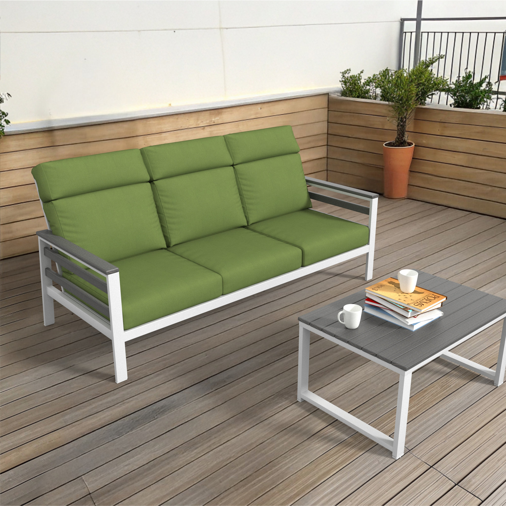 Townsend Metal Outdoor Sofa With Sunbrella Cushion, Gray, Spectrum Cilantro