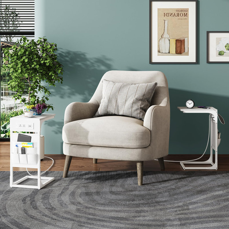Shaped Side Table With Charging Stations - Versatile White Couch Table For Snacks & Laptops