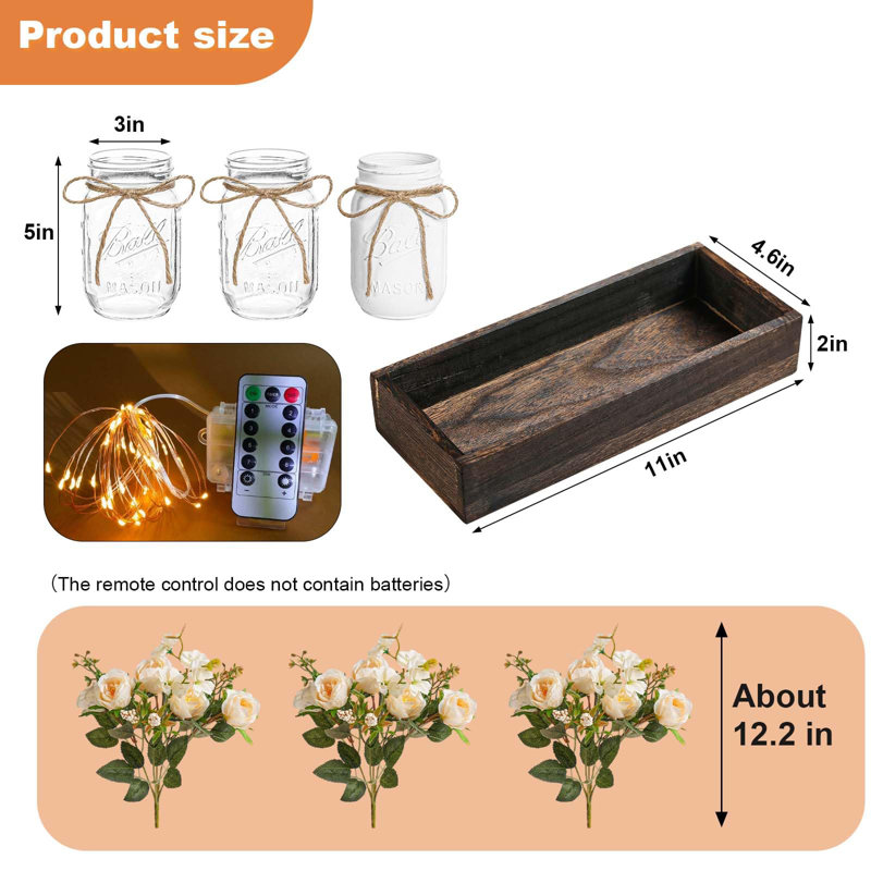 3 Pcs Mason Jar Centerpiece Table Decorations Fake Flowers Artificial Blue Flowers Rustic Spring Centerpieces Decor with Wood Tray and Light Table Decorations for Home Kitchen Living Room