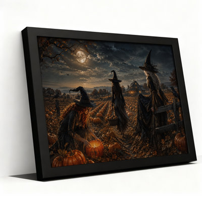 «Three Witches Harvesting Pumpkins Under Full Moon Halloween», art mural sur toile