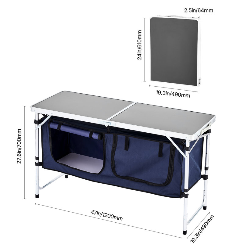 Station de cuisson portative, 3 hauteurs réglables, aluminium et plastique, bleue, table de cuisine de camping optimisant l'espace extérieur avec hauteur réglable, structure, cuisson, rangement