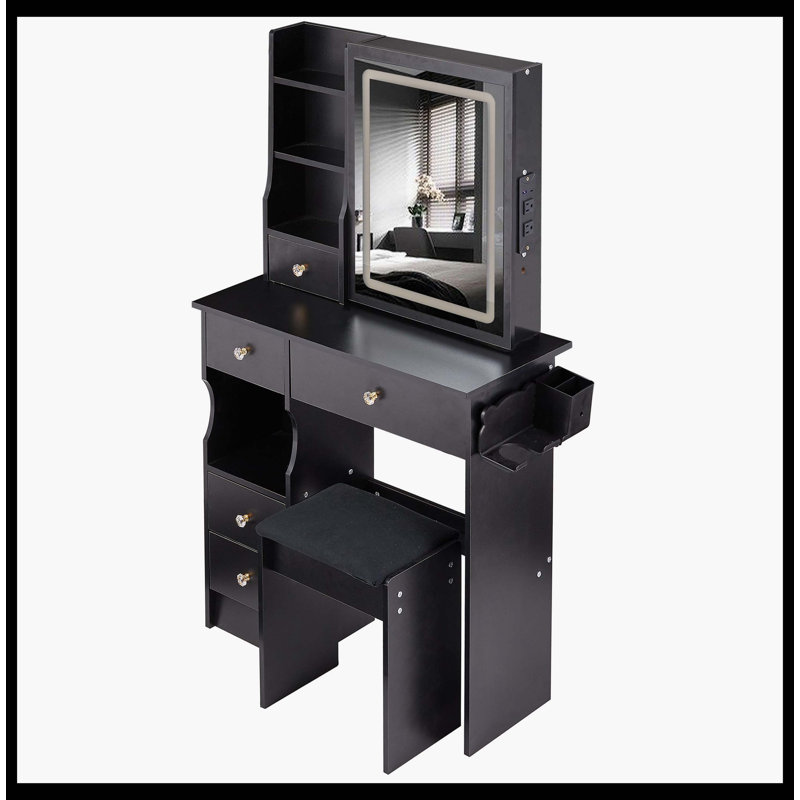 29.2" Small Size Left Drawer Desktop Vanity Table + Cushioned Stool, 2 AC+2 USB Power Station, Hair Dryer Bracket, Extra Large Touch Control Sliding LED Mirror, Tri-Color Switching, Brightness Adjust