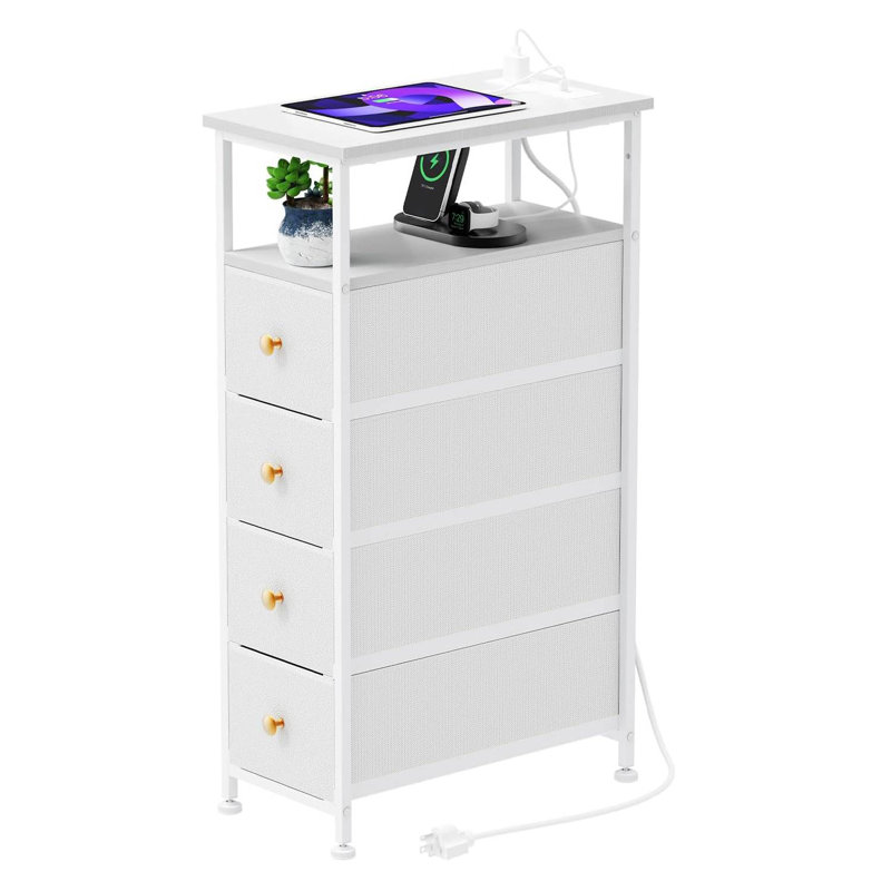 Narrow Bedside Table with USB Port, 4 Drawers Storage Cabinet, Nightstand with Power Socket