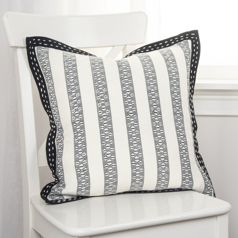 Embroidered Cotton Throw Pillow, Black/Ivory