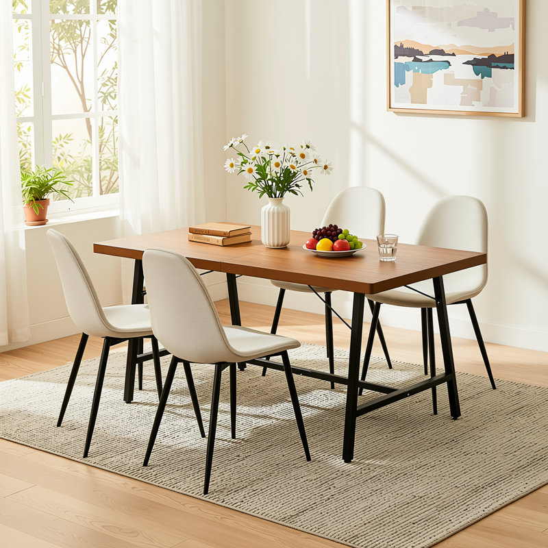 63" 5-Piece Rectangular Dining Table Set with 4 Upholstered Chairs, Modern Wood-Look Kitchen Dining Set with Metal Frame