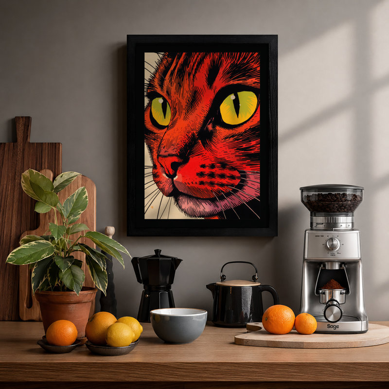 Bold Gaze Cat Graphic - Framed Print, A1 - 84.1 x 59.4 cm, Black