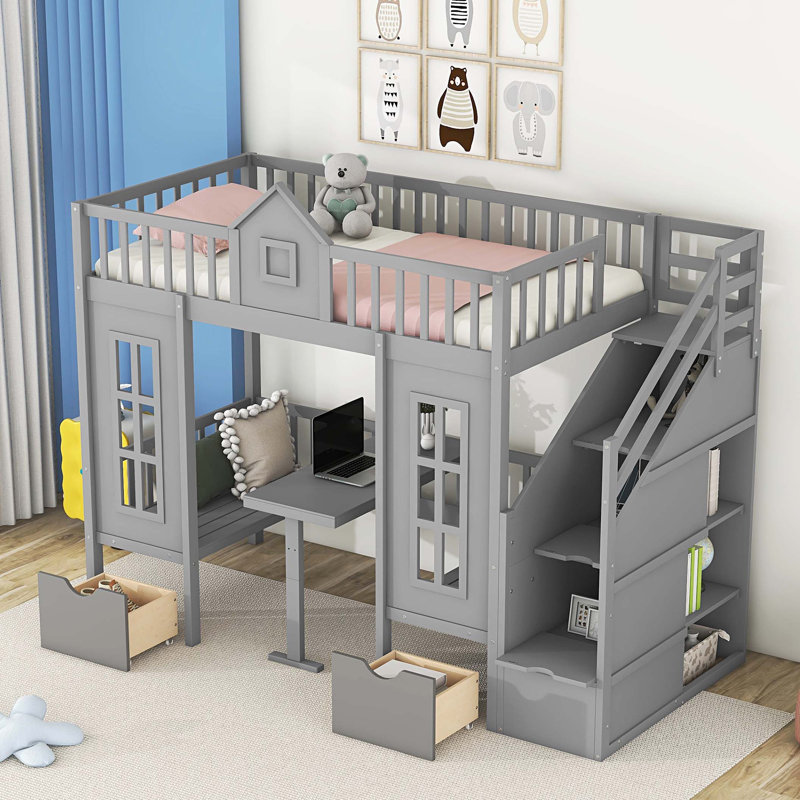Twin-Over-Twin Bunk Bed with Changeable Table, Bunk Bed Turn into Upper Bed and Down Desk -Pink, Grey