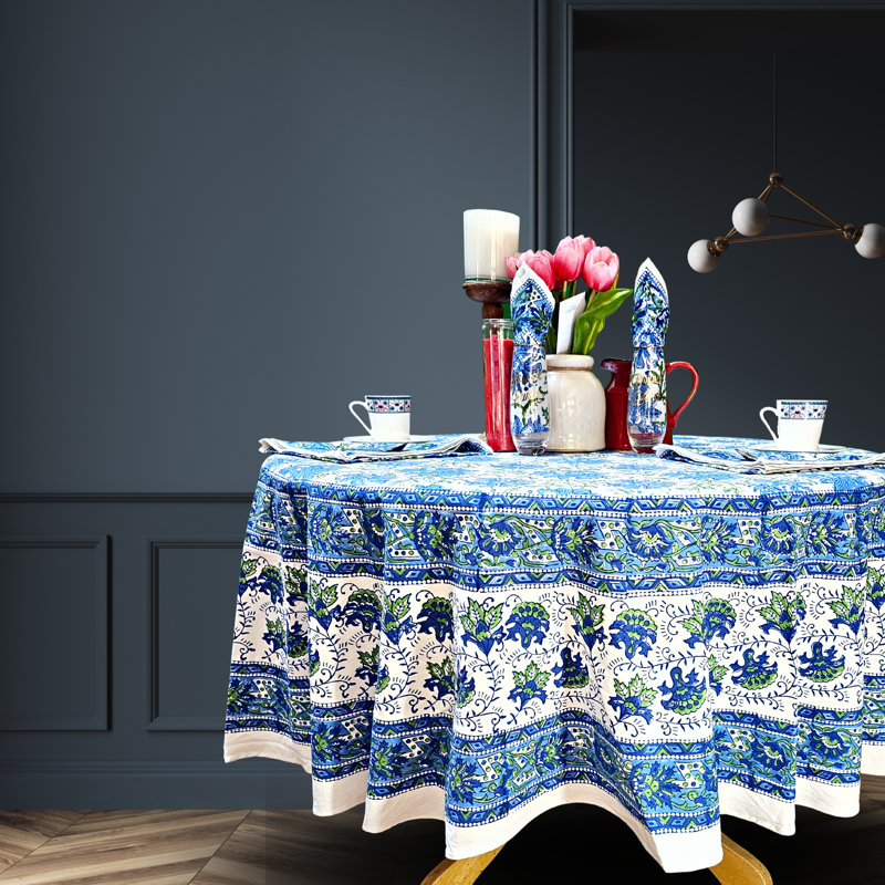 Block Print Lotus Flower Cotton Round Tablecloth