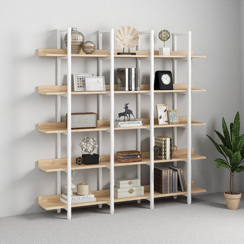 5 Tier Bookcase Home Office Open Bookshelf, Vintage Industrial Style Shelf, MDF Board, Oak/White