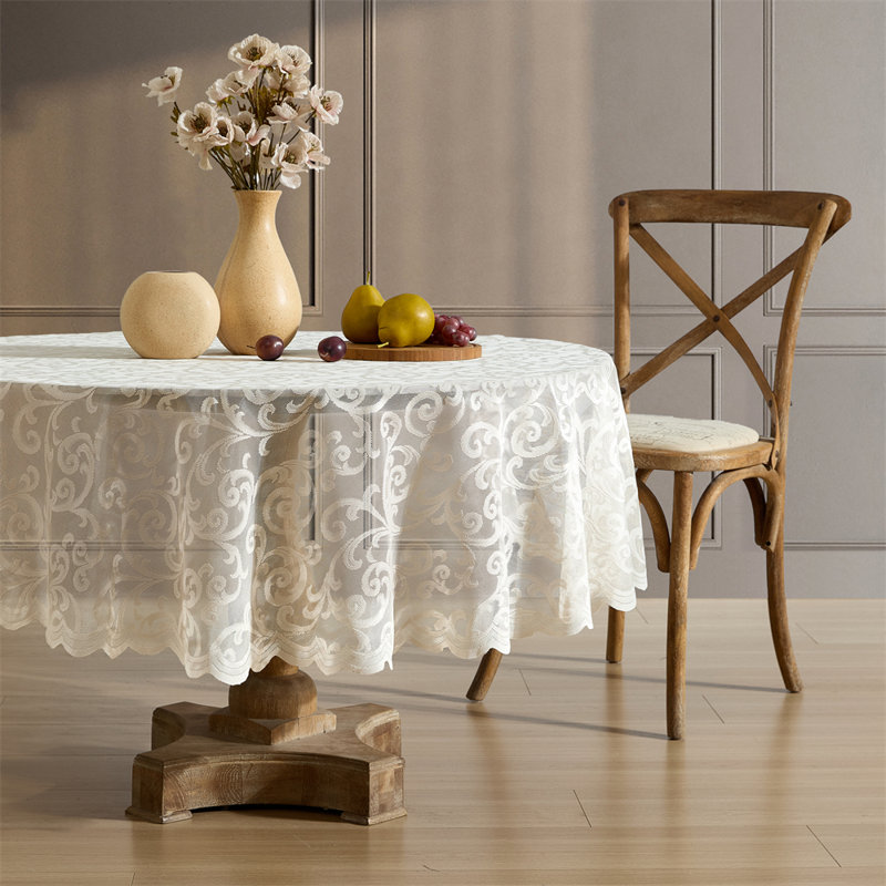 Stefani Floral Lace Fabric Tablecloth, Lace Fabric Table Cloth for Round Tables, Wrinkle Resistant Tablecloth, Patterned Scalloped Tablecloth