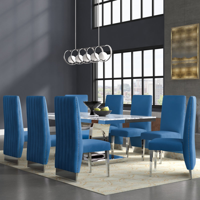 Mcnally 8 - Person Marble Top Pedestal Dining Set, Navy Blue