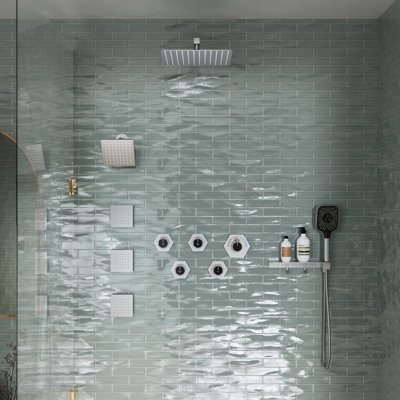 Wall Mounted Dual Shower Head Thermostatic Rainfall Shower System with 3 Body Jets and Storage Shelf