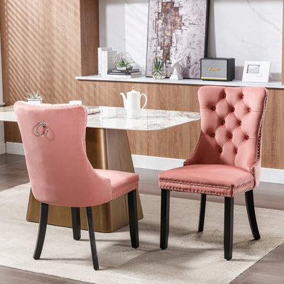 Tufted Solid Wood Velvet Upholstered Dining Chair With Wood Legs Nailhead Trim 2-Pcs