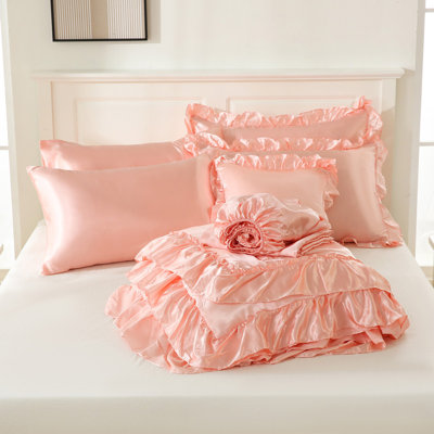 Pink Satin Comforter Set King Size with Sheets,Elegant Ruffle Comforter Beding Set,King Size Bed in a Bag Set,Room Decor Aesthetic Comforter 8 Pieces,Silk Like Satin Luxury Silky Bed Set