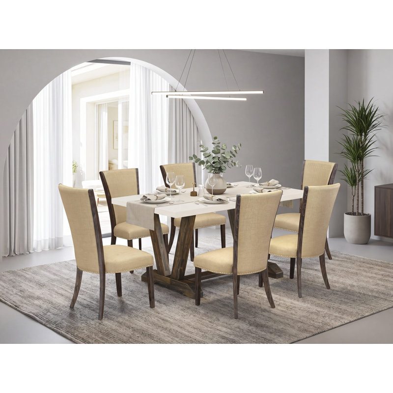 7-Pc Set Consists of a Linen White Dining Table and 6 Brown Linen Fabric Dining Chairs - Distressed Jacobean Finish, 7