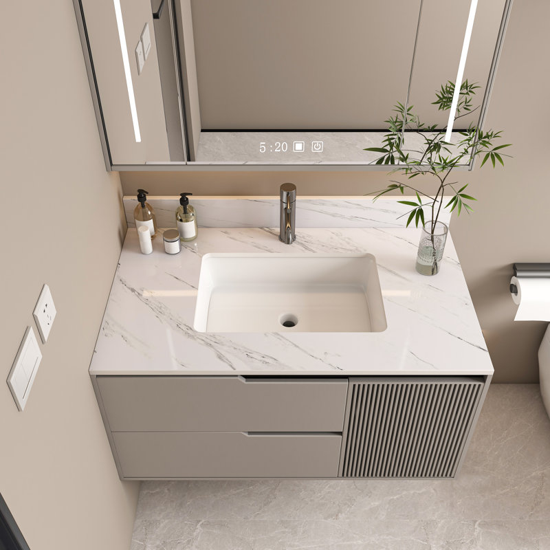 Comptoir de meuble-lavabo 37 po avec lavabo encastré Roomfitter, comptoir de salle de bain en pierre frittée durable avec dosseret, blanc