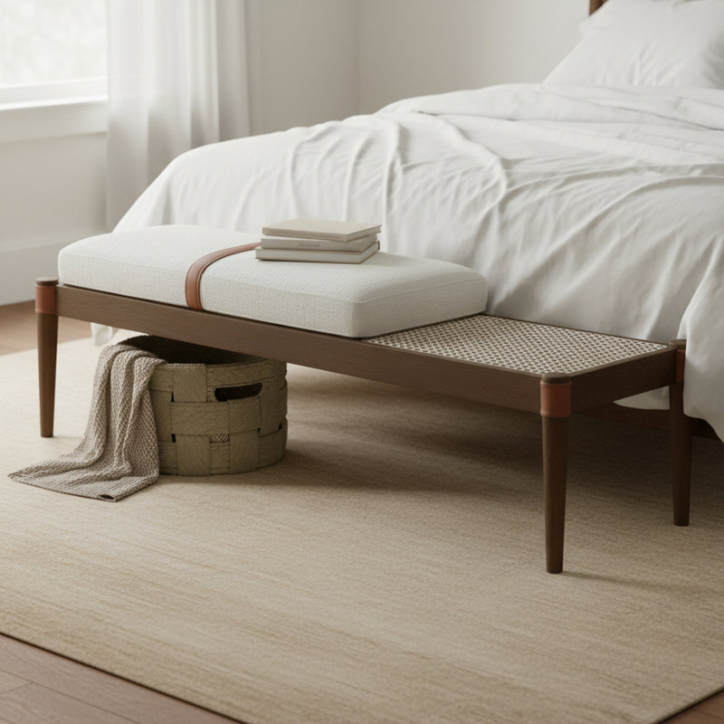 Banc rembourré en tissu texturé Nara, Tissu crème texturé en lin, Brun