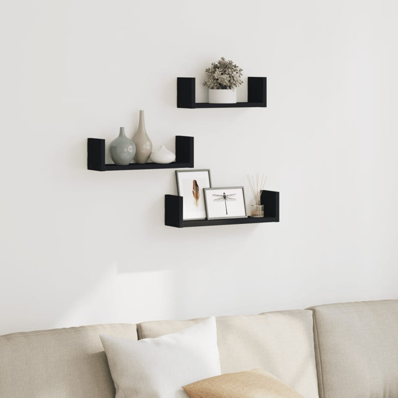Abdulkadir 3 Piece Solid Wood Floating Shelf Set, Black, 10.5cm H x 40cm W x 10cm D