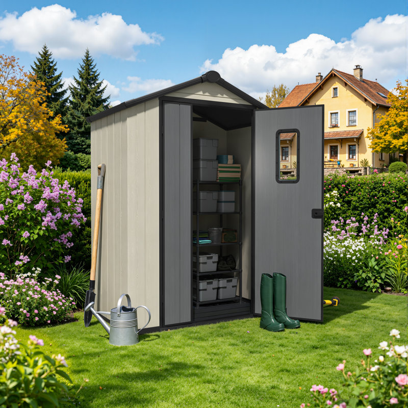 Abri de jardin de 1,5 m x 0,9 m en bois, plastique et acier galvanisé, résistant aux intempéries, avec porte verrouillable et ventilation.