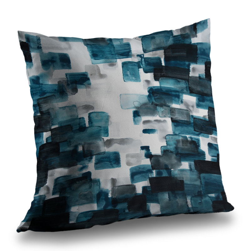 Turquoise and Gray Shapes - Gray Abstract Poly Twill Pillow – Poly Twill Throw Pillow with Insert, Double-Sided Print