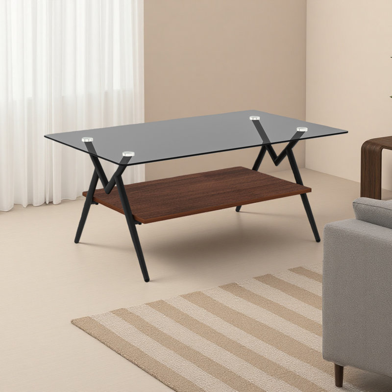 Table basse rectangulaire avec plateau en verre trempé et tablette en bois aggloméré, table moderne pour le salon, Noir