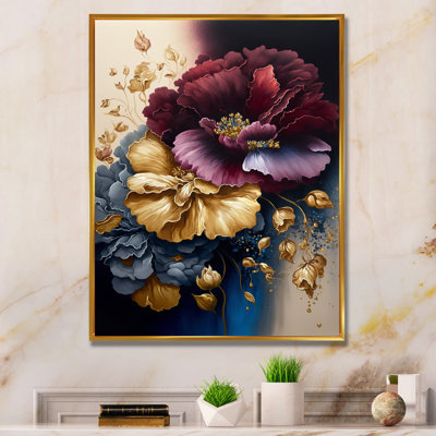 Burgundy And Blue Floral Bunch I - Floral Framed Canvas Print