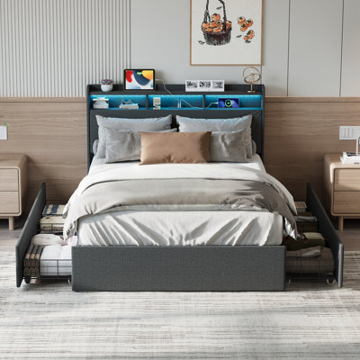 Modern Upholstered Bed Frame with LED Lights, Charging Station & Storage Drawers