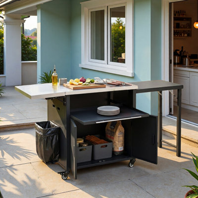 Outdoor Kitchen Island Grill Cart With Trash Rack, Foldable Top, Expandable Lron Panel And Storage Space