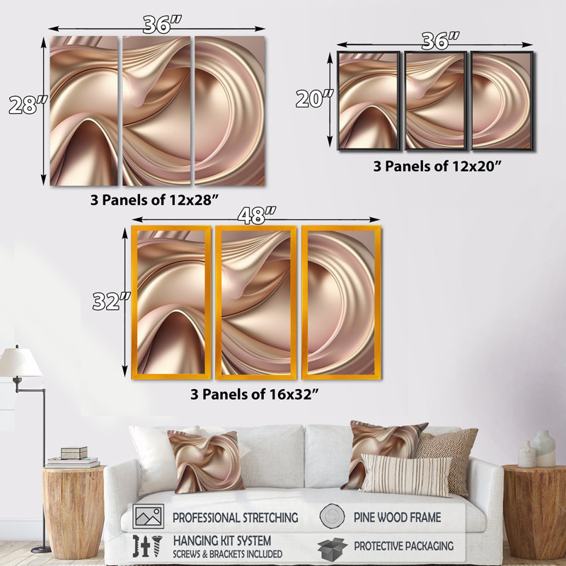 Luscious liquide or en rose et taupe VI - impression sur toile 3 pièces, H 28 po x l 36 po x P 1 po, Toile encadrée noire