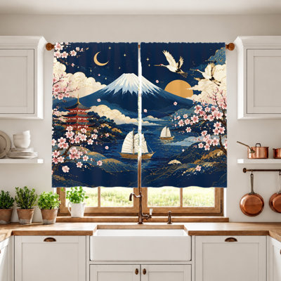 2 pièces de rideaux décoratifs de style oriental avec grue, tissu filtrant la lumière, pagode japonaise et imprimé du mont Fuji, design artistique élégant, passe-tringle pour une suspension facile, salon idéal, chambre à coucher, balcon, décoration de cuisine