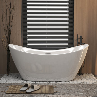 Freestanding 67 - Inch Gloss White Acrylic Bathtub, Oval Shape, Overflow And Pop Up Drain, Versatile Style, Safe For Bathroom Decor Tub, Freestanding, Oval, Center Contemporary Spacious Efficient,