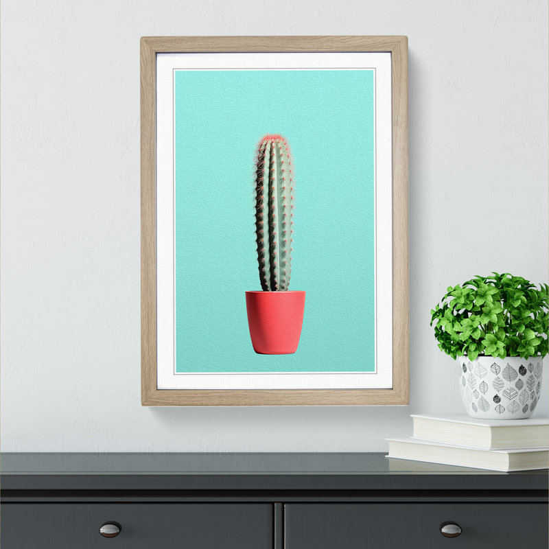 Cactus Minimalism Art - Framed Print, 64cm H x 46cm W x 2cm D, Oak Framed