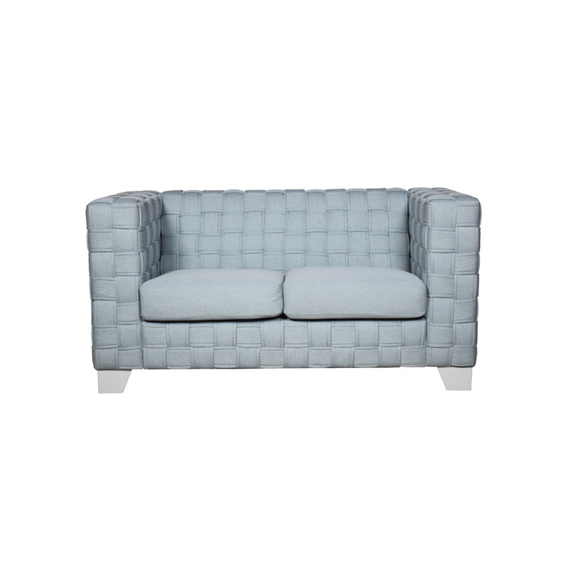 Chenille bleu sarcelle avec garniture blanche - siège à ressorts ensachés, structure en bois, dossier et siège rembourrés serrés, pieds en K, finition de style tissé, matériau en mousse, largeur du siège de 44 po, profondeur de 23 po, hauteur de 19 po, accoudoirs de 31 po