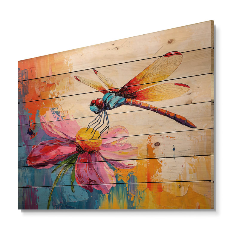 Libellule sur une fleur II - Décoration murale moderne en bois sur bois de pin naturel, H 34 po x l 44 po