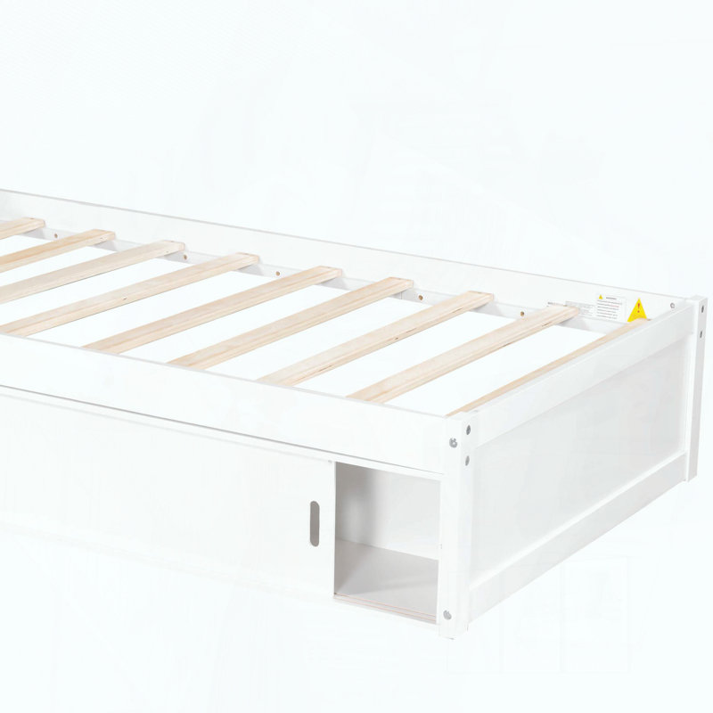 Lit plateforme simple en L avec rangement, bureau, lit gigogne et lumière DEL, Tablettes; armoire, Blanc