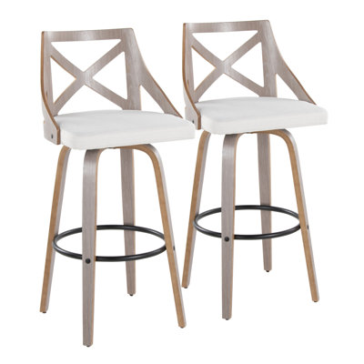 Charlotte 30" Farmhouse Fixed-Height Barstool With Swivel In Light Grey Wood And Cream Noise Fabric With Round Black Metal Footrest By Lumisource - Set Of 2