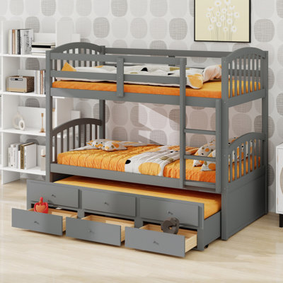 Bunk Bed Featuring Ladder, Safety Rail, Pull-Out Trundle and 3 Storage Drawers, Ideal for Guest Rooms