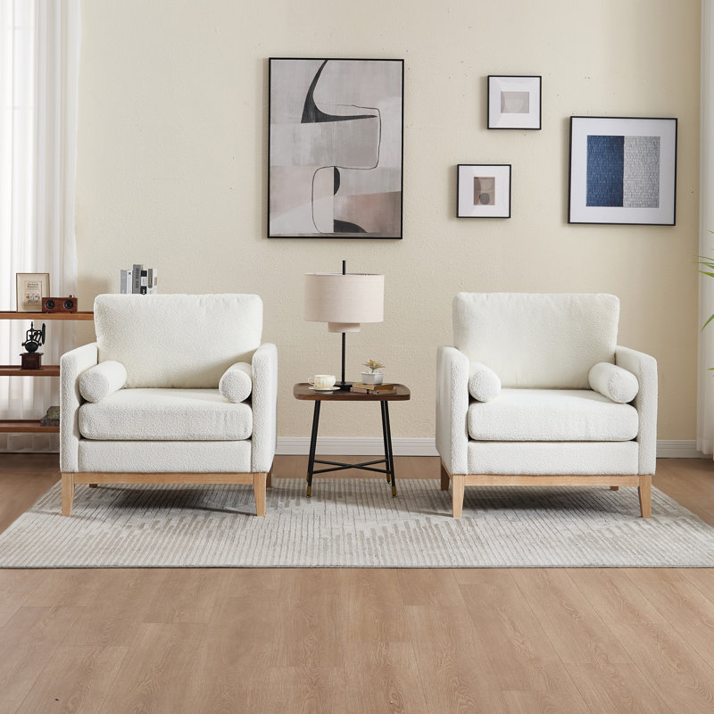 Upholstered Accent Chair With 2 Pillows(Set Of 2), Natural Wood, Ivory