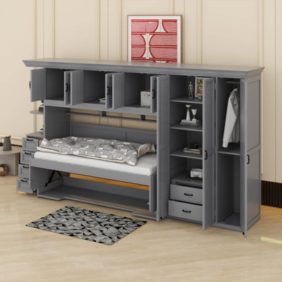 Lit escamotable simple avec garde-robe, armoire et bureau