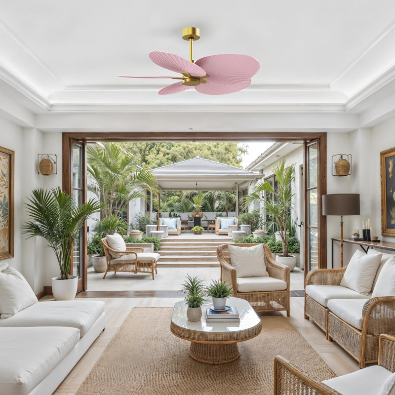 Alessandra Tropical - Five Blade Ceiling Fan - Matte White Finish - Matte White Blades, Light Pink, Brushed Brass