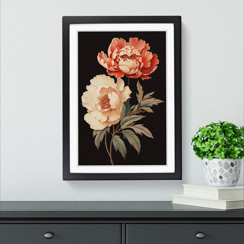 Peony Flower Deco - Single Picture Frame Print on Wood, Black, 46cm H x 34cm W x 2cm D