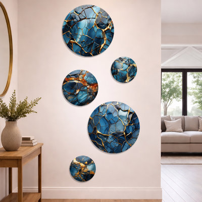 Gold and Blue Marble Mosaic Agate I - Abstract Wall Art Set of 5 - Modern Metal Wall Art Set of 5
