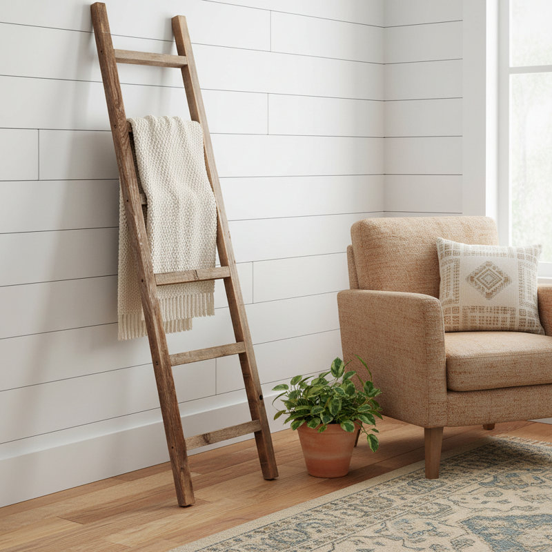 Orla Rustic Step Wood Ladder Shelf, Gray, (4 Shelves) 72" H x 12" W x 2" D