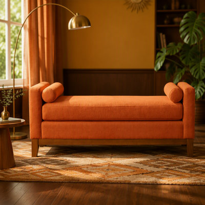 Grand repose-pieds rembourré en tissu Boucle avec coussins, banc de fenêtre rembourré confortable pour le salon, banc de vestibule orange