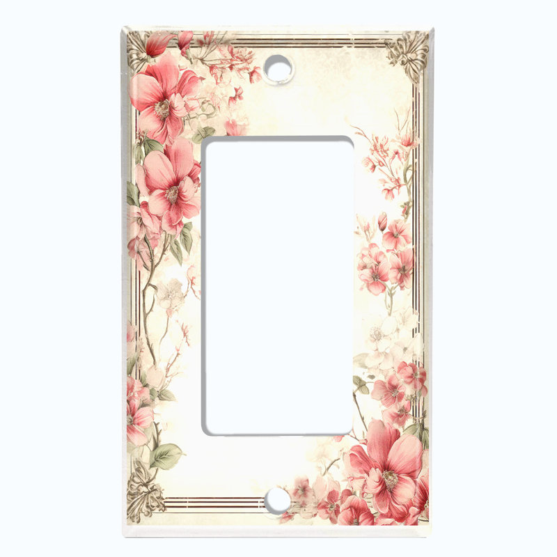 Metal Light Switch Plate Outlet Cover (Pink Flower White - Single Rocker)
