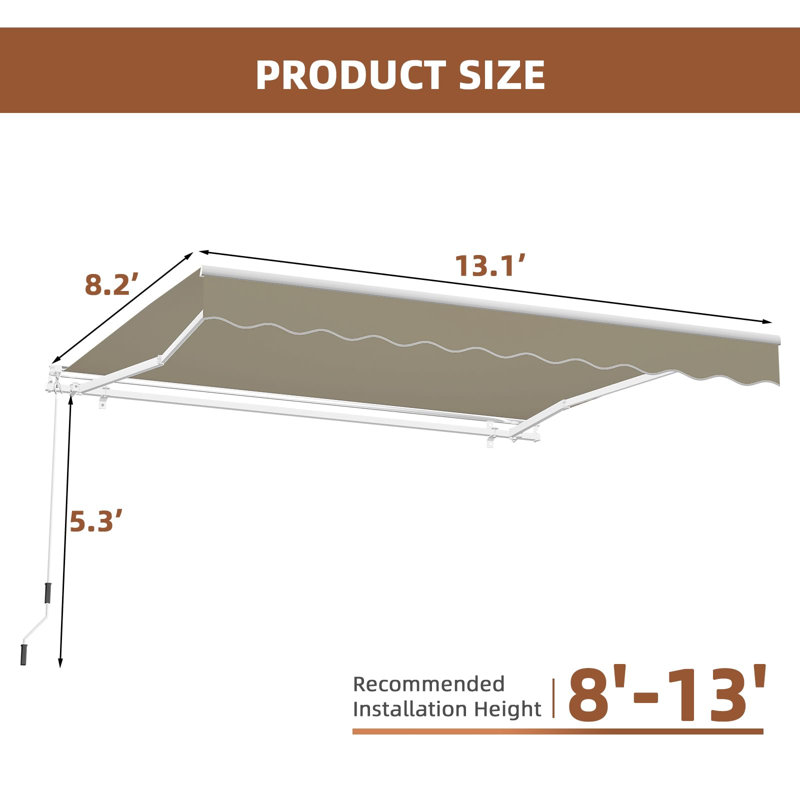 Auvent de terrasse rétractable 13,1 pi x 8,2 po Meetwarm, Beige, H 63,6 po x l 157,2 po x P 98,4 po