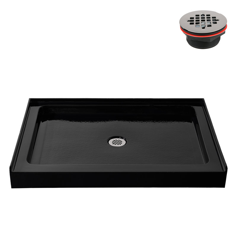Base de douche 48 po x 36 po Alcove en acrylique noir brillant avec bonde centrale, bonde incluse, Noir lustré
