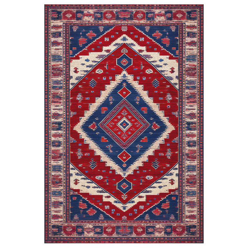Boxton Collection Digital Print Cotton-Polyester Red Navy Boxtoncan Rug, Square 6'7"